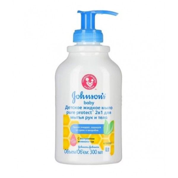 фото упаковки Johnson's Baby Pure Protect детское жидкое мыло 2в1 для мытья рук и тела