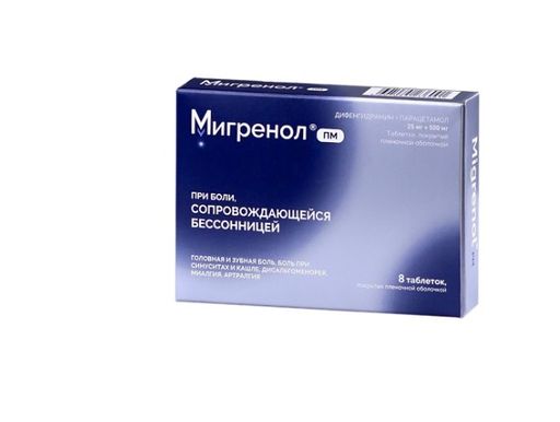 Мигренол ПМ, таблетки, покрытые пленочной оболочкой, 8 шт.