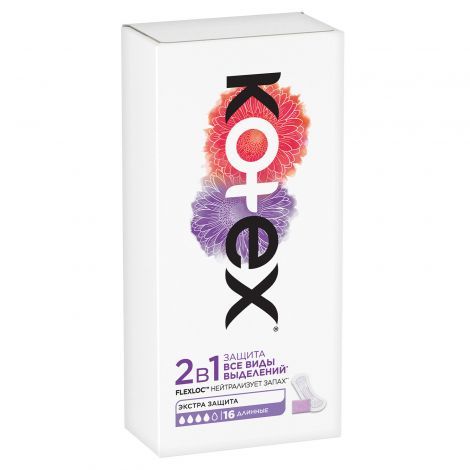 Kotex 2 в 1 прокладки ежедневные длинные, прокладки ежедневные, 16 шт.