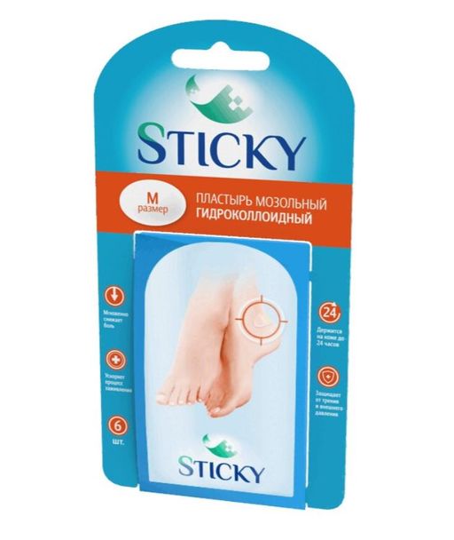 Sticky Пластырь мозольный гидроколлоидный на пятку, р. M, р. 5,5х3,7 см, 6 шт.