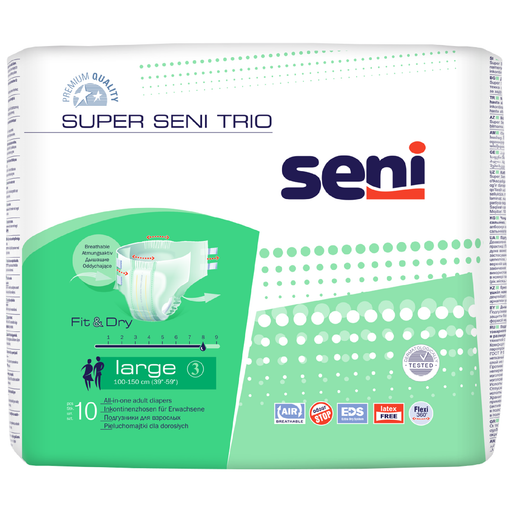 Seni Super Trio Подгузники для взрослых, Large L (3), 100-150 см, 10 шт.