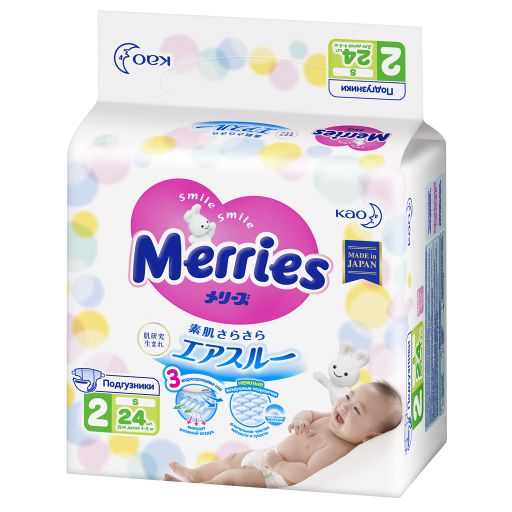 Подгузники детские Merries, 4-8 кг, р. S, 24 шт.